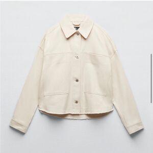 Zara Cream Raw Hem Cropped Boxy Denim Jacket